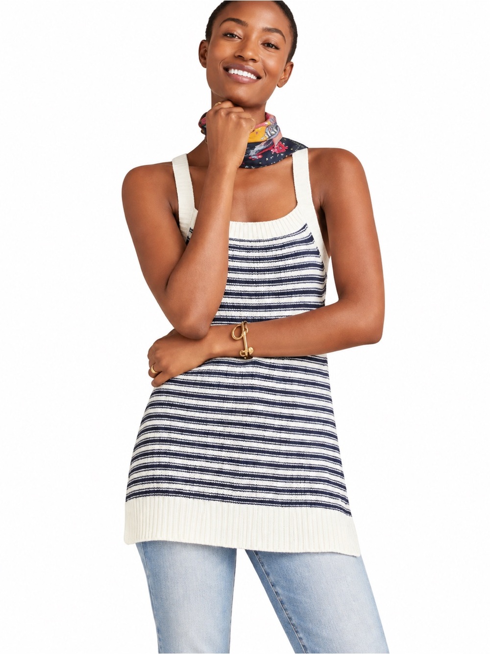 Anthropologie Striped Knit Tank Sweater White Navy Size Small